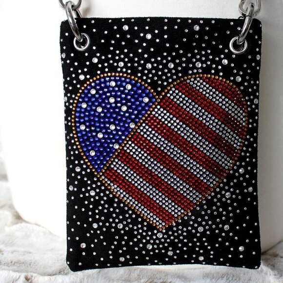 Patriotic Red White Blue Rhinestone Bling Black Hobo Crossbody Mini Phone Bag - Picture 8 of 13